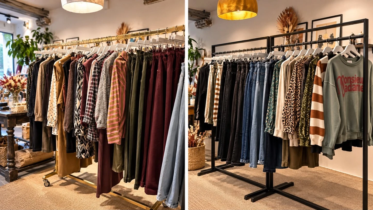 Deux vues des portants de la collection neuve : pantalons, jeans, chemises et hauts en boutique